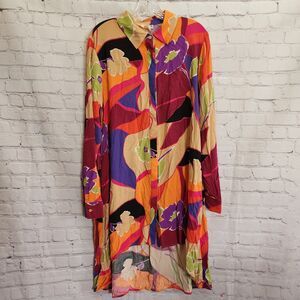Easel Shirt Dress Womens Small Multicolor Button Down Oversized High Low Hem